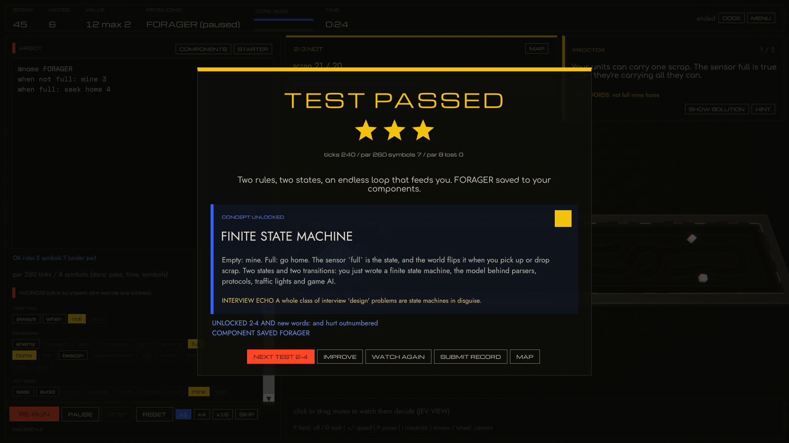 Test passed: three stars and a concept card about finite state machines
