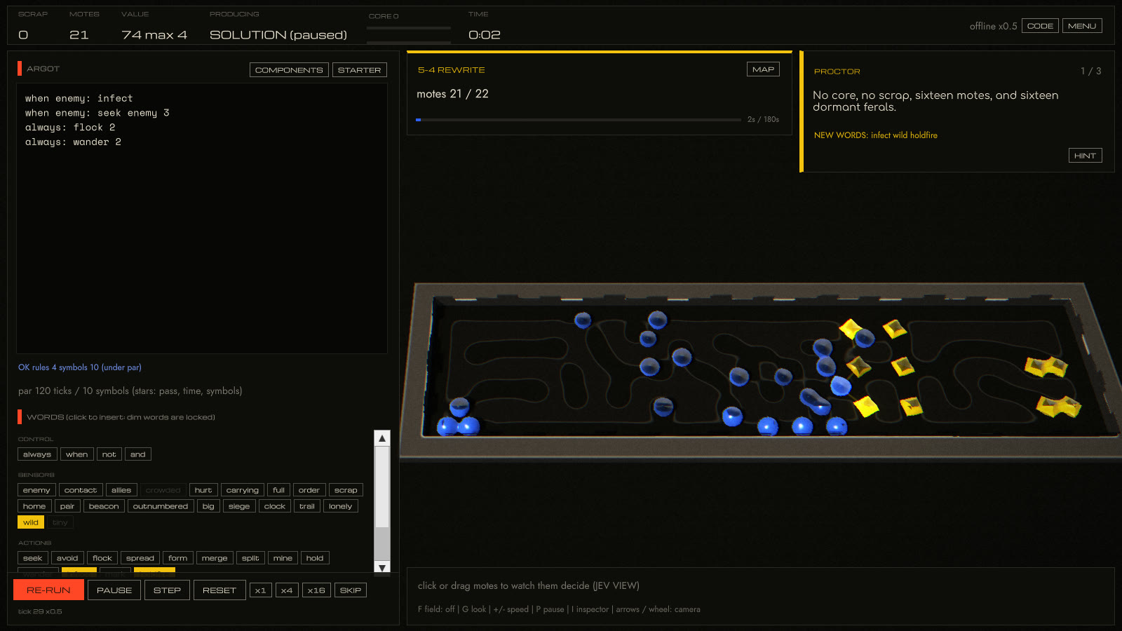 A campaign test: the word-gated editor, the objective and PROCTOR's briefing over the arena
