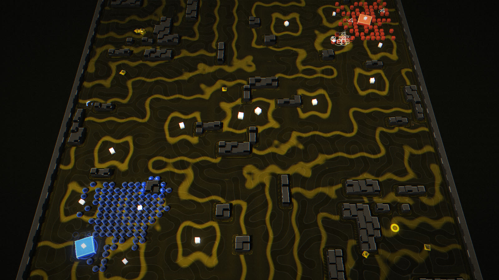 Scrap gradient field shown in amber with isolines flowing around ruins